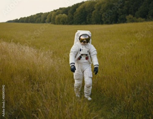 An astronaut in a white suit and a closed helmet walks along the grass to a meeting