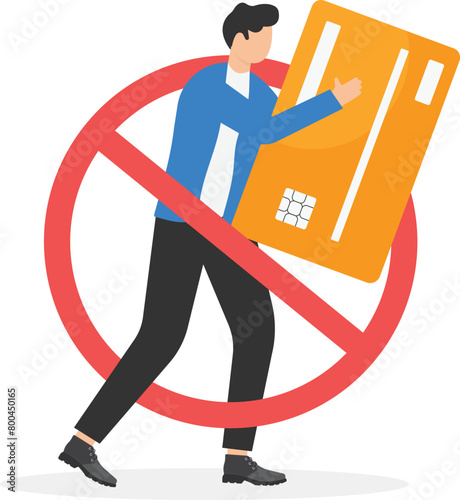 Thief steals credit card. Scammer or hacker stealing money. Prohibition sign. Stop scam and corruption. Concept of financial crimes, cyber attack, internet fraud. Flat vector illustration

