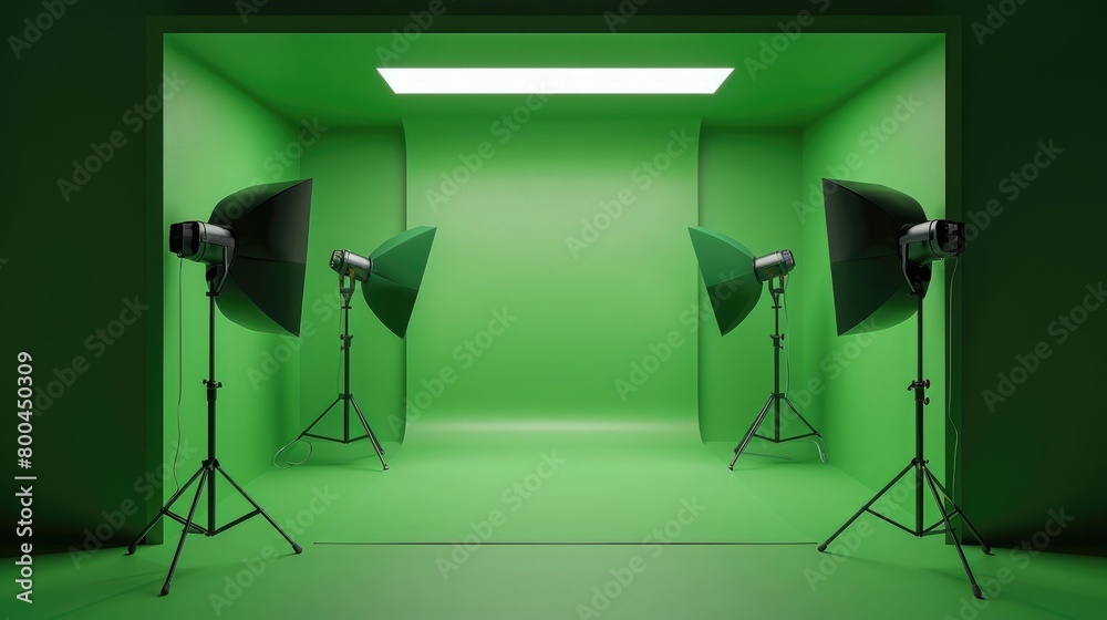 3D illustration of a photography studio with green background