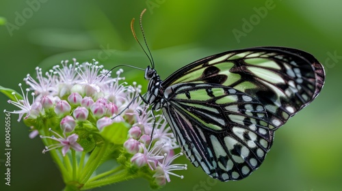   A tight shot of a butterfly perched on a flower, foreground populated with clear blooms Background softly blurs, merging leaves and flowers © Viktor