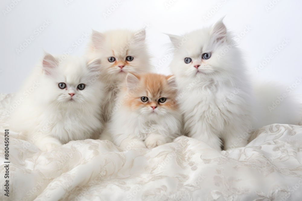 A cluster of Persian cat kittens lounging on a soft white background, creating a serene and fluffy tableau
