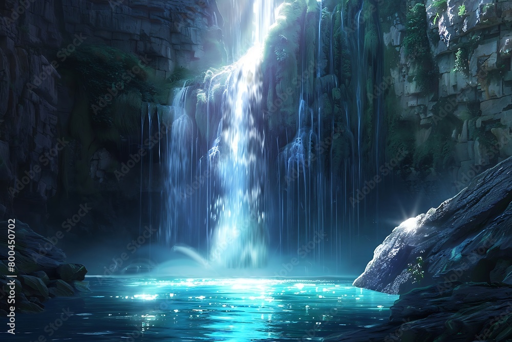 A majestic waterfall cascading into an otherworldly glowing pool