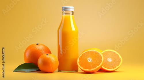 Orange juice bottle and oranges