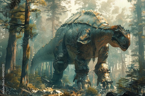 Marvel at the grandeur of a Titanosaur adorned in ornate armor, majestically surveying its territory amidst the rugged beauty of ancient volcanic mountains, a scene blending strength