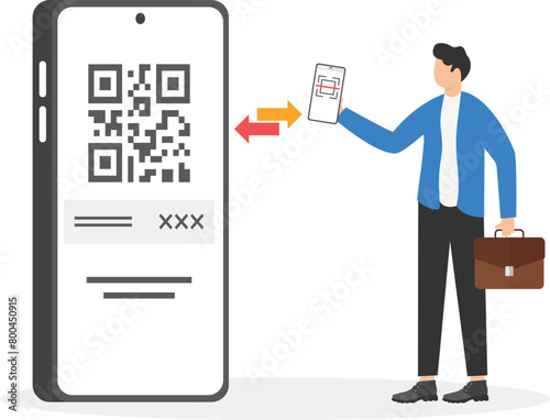 Use mobile cashless payment system or scan qr code, woman holding smartphone to use application for pay with qr code, mobile wireless cashless or contactless payment system flat concept
