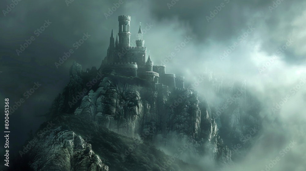 A mystical castle shrouded in mist atop a rocky hilltop.