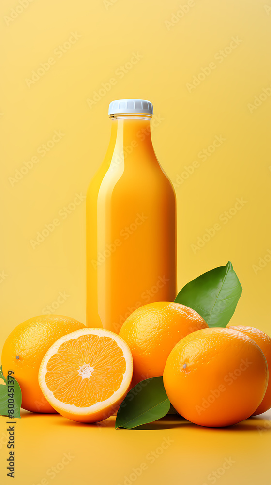 Orange juice bottle and oranges Orange juice bottle and oranges