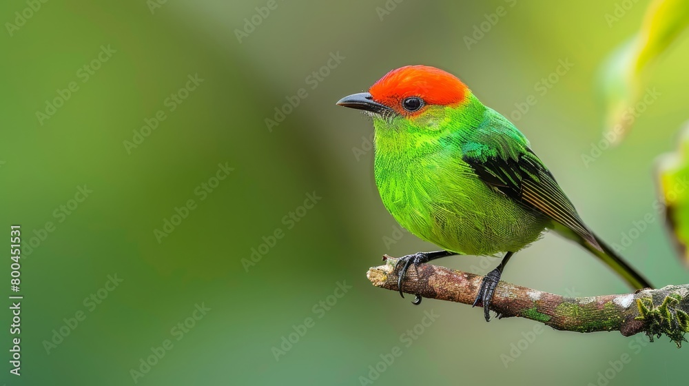 Fototapeta premium A vibrant bird sits atop a tree branch, surrounded by green foliage; the background subtly blurred