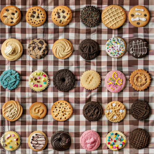 A variety of cookies are displayed on a brown and white checkered tablecloth.