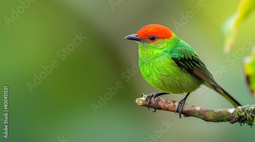   A vibrant bird sits atop a tree branch, surrounded by green foliage  the background subtly blurred © Viktor