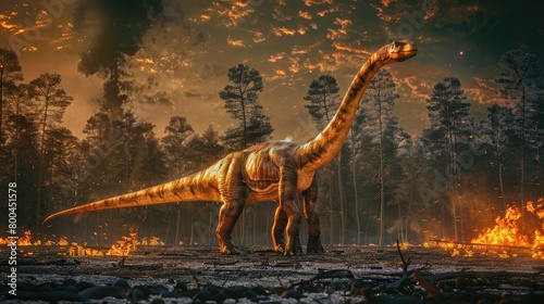 AI-generated majestic dinosaurs in a prehistoric landscape. Global Earth disaster. The concept of dinosaur extinction. photo