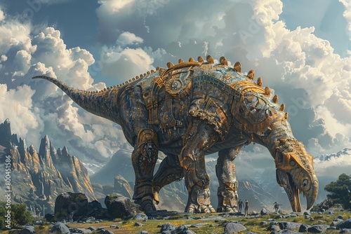 Marvel at the grandeur of a Titanosaur adorned in ornate armor, majestically surveying its territory amidst the rugged beauty of ancient volcanic mountains, a scene blending strength