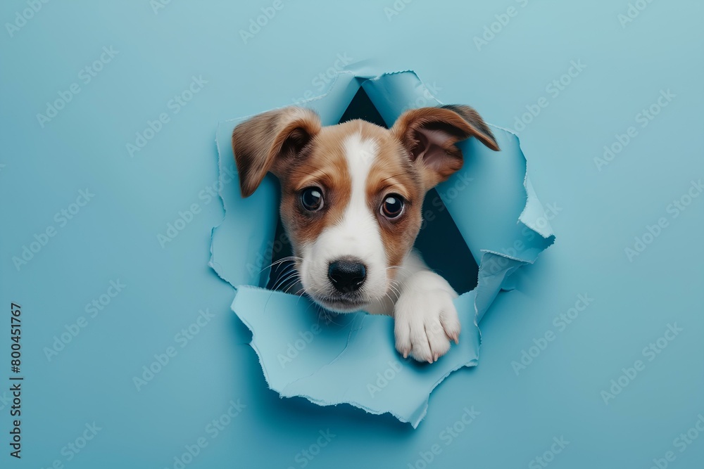 cute puppy sticking its head out of the hole in blue paper, glad-looking, cute, adorable, cutout sticker style, isolated on plain blue background. generative AI