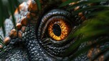 AI-generated majestic dinosaurs in a prehistoric landscape. Eye close-up. Vivid colors and intricate details bring these ancient creatures to life.