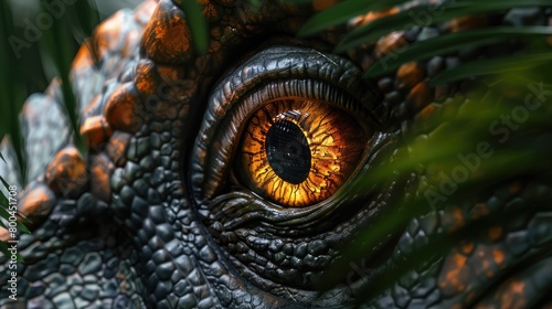 AI-generated majestic dinosaurs in a prehistoric landscape. Eye close-up. Vivid colors and intricate details bring these ancient creatures to life.