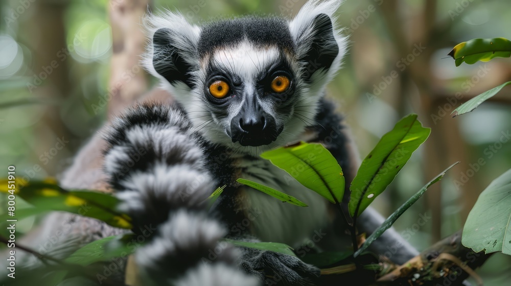 A tight shot of a lemur on a tree limb, surrounded by foreground leaves, with a soft, indistinct background A tight shot of a lemur on a tree limb, surrounded by foreground leaves, with a soft, indistinct background