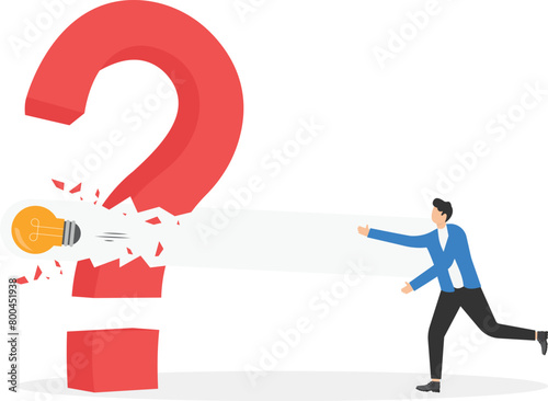 Businessman Throw light bulb to smash question mark sign. Concept achievement vector illustration

