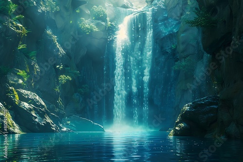 A majestic waterfall cascading into an otherworldly glowing pool photo