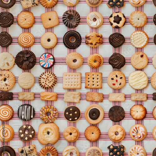 A variety of cookies are displayed on a red and white checkered tablecloth.