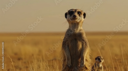  A meerkat stands on hind legs, central to open field Two meerkats behind