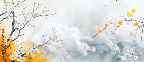 White clouds  golden sky  white and yellow flowers  light grey background Generative AI