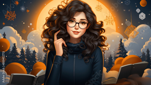 Enchanted Twilight - Curly-Haired Girl with Book in Magical Evening - AI Generated