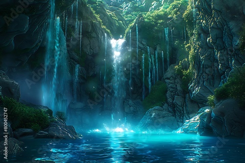 A majestic waterfall cascading into an otherworldly glowing pool © Ghulam