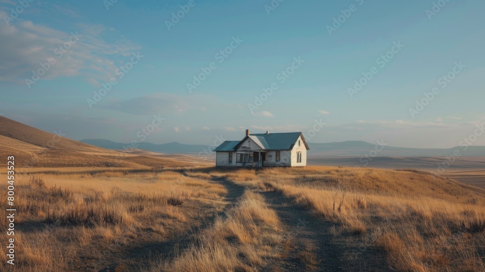 solitary white house stands as a silent sentinel amidst a vast prairie, its presence a stark contrast to the wild, open landscape and distant mountains dusted with snow. solitary white house stands as a silent sentinel amidst a vast prairie, its presence a stark contrast to the wild, open landscape and distant mountains dusted with snow.