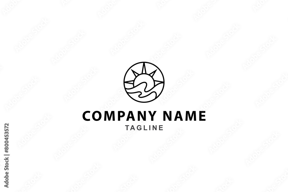 Sun with sea water waves in circle frame line art design logo Sun with sea water waves in circle frame line art design logo