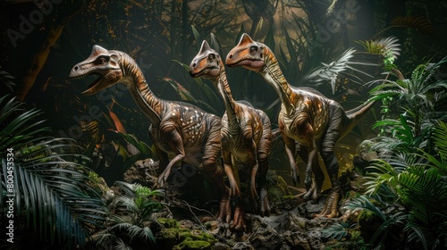 AI-generated majestic dinosaurs in a prehistoric landscape. Raptor. Vivid colors and intricate details bring these ancient creatures to life. The concept of time when dinosaurs ruled the Earth.