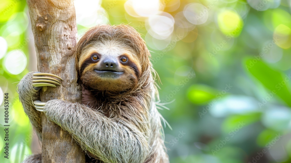 A tight shot of a sloth clutching a tree branch with extended arms Its bright, open eyes gaze directly at the camera A tight shot of a sloth clutching a tree branch with extended arms Its bright, open eyes gaze directly at the camera
