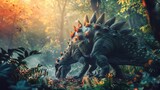 AI-generated majestic dinosaurs in a prehistoric landscape. Stegosaurus. Vivid colors and intricate details bring these ancient creatures to life. The concept of time when dinosaurs ruled the Earth.