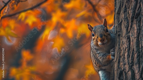  A squirrel perched by a tree with orange and yellow leaves in the background