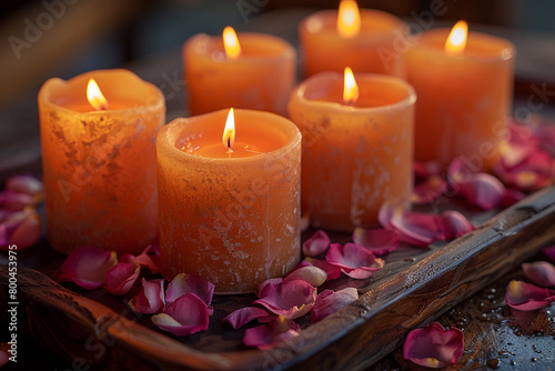 A group of candles arranged on a tray, surrounded by rose petals, creating a romantic atmosphere for a date night.