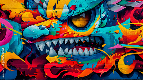 Vibrant street art mural with bold colors and intricate details, adding urban flair.
