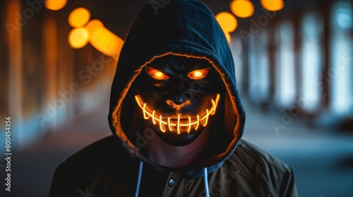  A man wearing a hooded jacket with a pumpkin-shaped face illuminating from beneath the hood