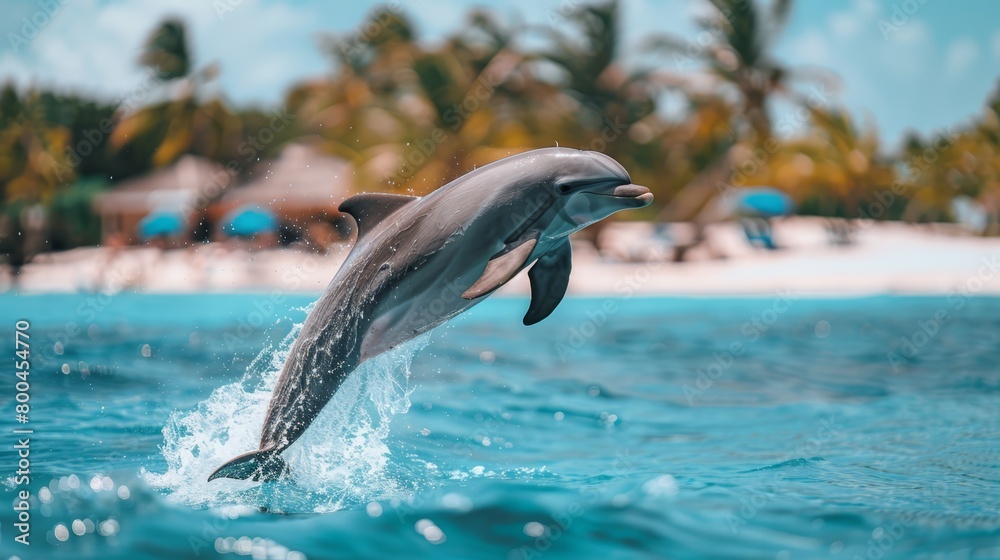   A dolphin leaping from the water against a backdrop of a sandy beach, palms trees, and a hut