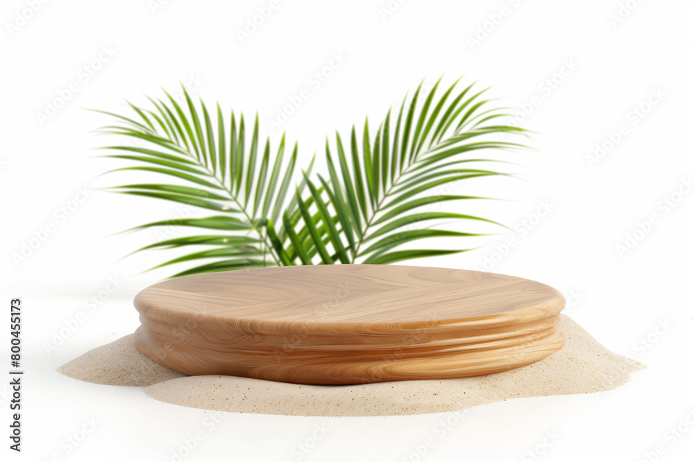 Obraz premium Seaside elevation. Circular wooden podium against a white backdrop