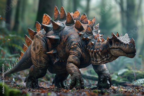 Behold the splendor of a Stegosaurus adorned in battle-ready armor, standing tall amidst a prehistoric landscape bustling with ancient flora, a captivating scene of strength © Roberto