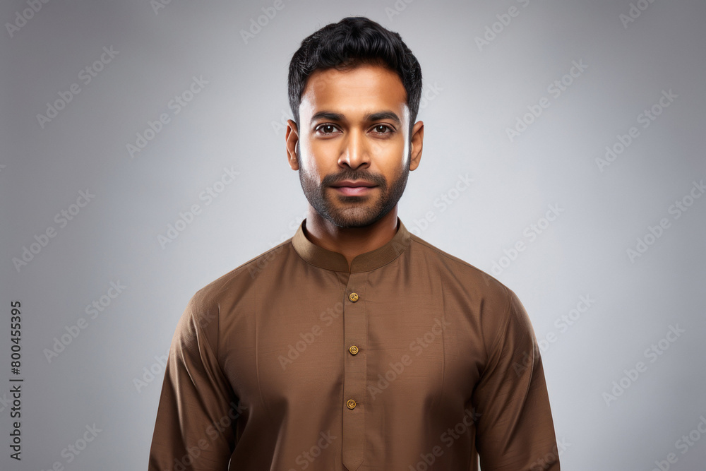 Obraz premium Young indian man in traditional wear standing on white background.