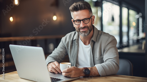 Middle-aged hipster man on his 40s with a coffee mug in the hand and a laptop in a table of a coffee shop. Modern living and digital nomads.