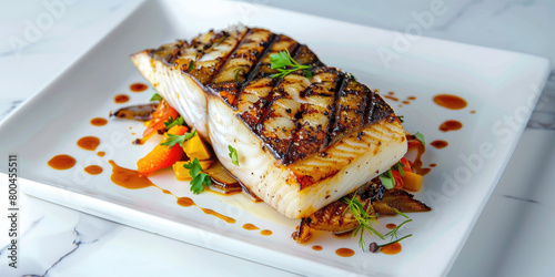 Chilean Sea Bass on a white marble background, Gourmet seafood dish, Grilled fish with vibrant garnish. photo