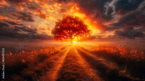 Tree of life at sunset with a path in a field