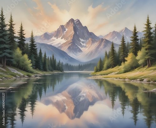 a painting of a mountain reflected in a lake