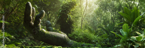 An atmospheric image highlighting an overgrown hand-shaped stone sculpture entwined with the greenery of a mystical forest photo