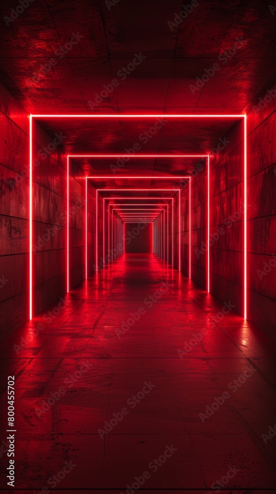 Fototapeta premium Red neon light corridor in a dark interior