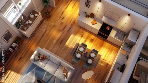 modern small apartment with clean and light aesthetics view from above