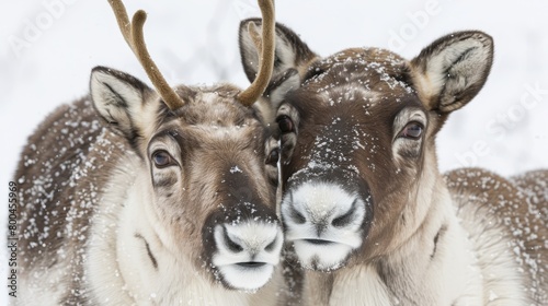 Two deer stood side by side on a snow-covered ground, before a forest teeming with trees