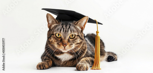Tabby domestic cat wearing black graduation cap, laying in center of white isolated background. Graduation ceremony, prom, university degree, education concept.