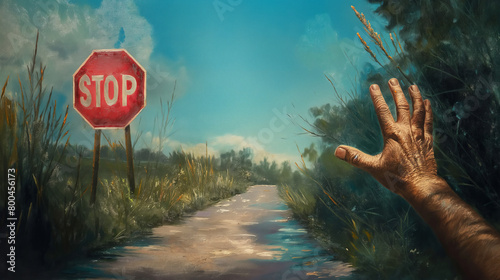 A thought-provoking image of a realist hand reaching towards a stop sign on a desolate rural path photo